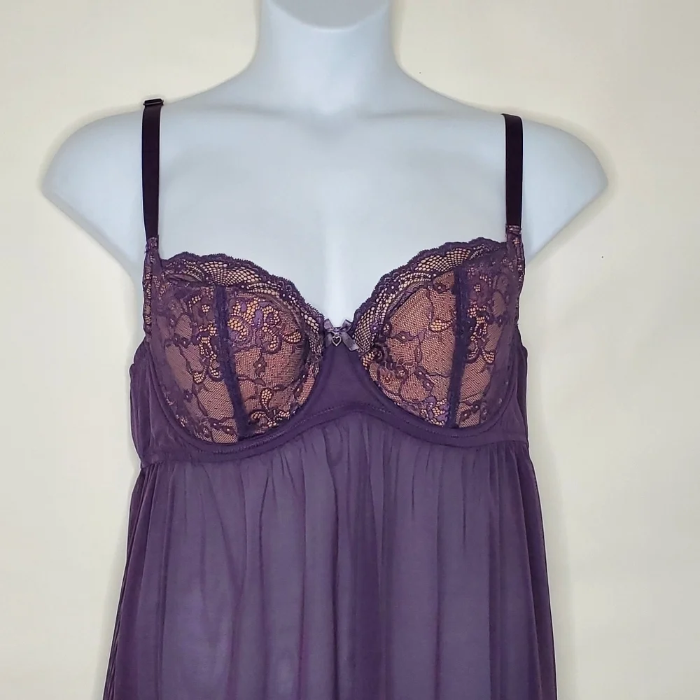 Adore Me Ella Sheer Lace Babydoll Top Size‎ 42C Purple Lined Cups Lingerie Layer
